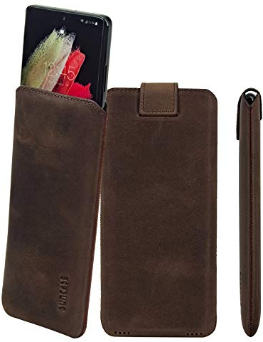 Suncase ECHT Ledertasche Leder Etui *Slim-Edition* kompatibel mit Samsung Galaxy S24 5G Hülle (mit Rückzugsfunktion und Magnetverschluss) in antik-dunkel braun