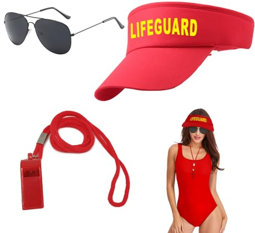 UILYNIU 3 Stück Lifeguard Fasching Kostüm Herren Damen Rot Lifeguard Visor Cap Sonnenbrille Sportpfeifen, Bademeister Kostüm für Rettungsschwimmer Erwachsener Halloween Karneval Verkleidung (Rot)