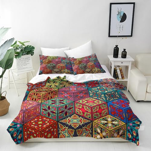 ANHOPE Bunte Vintage Mandala Florale Bettwäsche Set 3 Teilig Bettbezug 135x200 cm & Kissenbezug 80x80 cm Microfaser Bettbezüge mit Reißverschluss Weich Ganzjahres Bettdeckenbezug Set