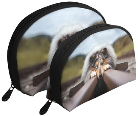 Rough Collie Bokeh Eisenbahn Hunde Haustiere Rau, Shell Make-up Tasche Frauen Aufbewahrungstasche kleine Geldbörse Kulturbeutel Kosmetiktasche 2 PCS