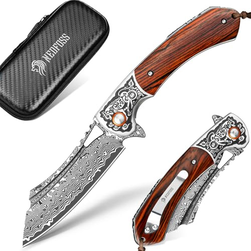 NedFoss UNICORN Einhandmesser, Damast Taschenmesser aus 67 Lagen VG10 Stahl | 9CM Damast Klappmesser mit Holzgriff, Kleines mit Scheide & Clip, Damastmesser für die Jagd, Survival Sammlung, Geschenk
