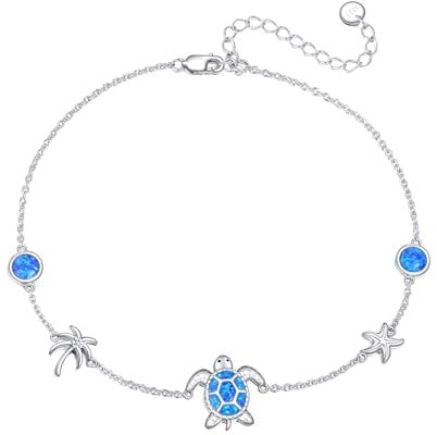 POPLYKE Turtle Anklet for Women Sterling Silver Blue Opal Anklet Beach Jewelry Gift for Women (turtle)