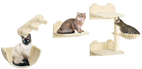 PawHut Kletterwand Katzen 4-teilig Katzen Kletterwand Set mit Kaztentreppe, Katzenbrücke, Hängematte, Kratzbaum mit Sprungplatt, 7 in 1 Wandkratzbaum, Wand Katzenmöbel, Beige