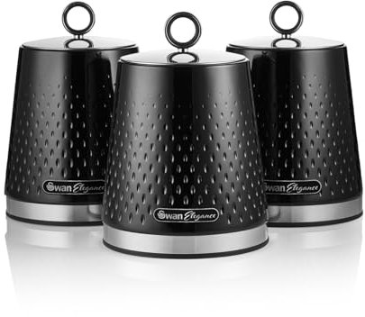 SWAN Elegance SWKA18533BLK Set of 3 Kitchen Storage Canisters for Tea, Coffee, and Sugar with Textured Gloss Finish and Stainless Steel Accents, 1.3L, Black