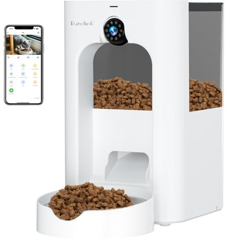 Bytelink Distributeur Croquettes Chat Automatique avec Caméra Surveillance, 4L Distributeur de Croquettes pour Chat, Jouet Laser, Programme d'Aliment Personnalisé, 15S Enregistrement Vocal