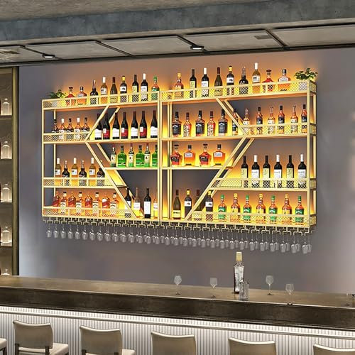 TATITZRO Étagère de Bar Murale en métal avec Support pour Verre à vin, étagères de Rangement à vin suspendues Modernes, étagères de Bar flottantes en Fer avec lumière LED, étagère de présen