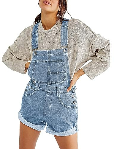 Women Denim Bib Short Overalls Adjustable Suspender Romper Shorts Casual Rolled Cuff Wide Leg Jumpsuit Shortalls With Pocket (A-baby blue, L)
