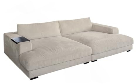 KAWOLA Big Sofa Madeline - Couch XXL in Cremeweiß mit Holztablett für Armlehne, Luxuriöse Wohnlandschaft, Megasofa Weicher Komfort | 156x60x170 cm