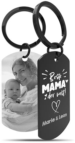 Meinearmbänder Personalisierter Schlüsselanhänger für Mama mit Foto & Gravur | Individueller Schlüsselring mit Schwarz/Weiß Bild | Ideales Erinnerungsstück für besondere Momente der Mutter