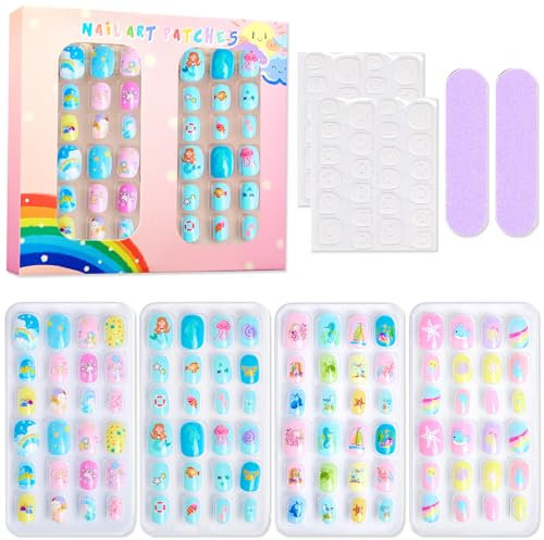 96PCS Kids Stick on Nails - Blue Sea Fake Nails for Kids - Children False nails with Stickers - Cute kids Press on nails for Girls - 12 Sizes False nails for DIY Self-Adhesive Manicure