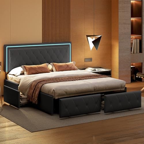 BRILVERDE Polsterbett 160x200 mit LED, Doppelbett mit Verstellbares Kopfteil, Stauraumbett mit 4 Schubladen, Jugendbett Bettgestell mit Lattenrost, für Erwachsene, PU (Schwarz, 160 x 200 cm)