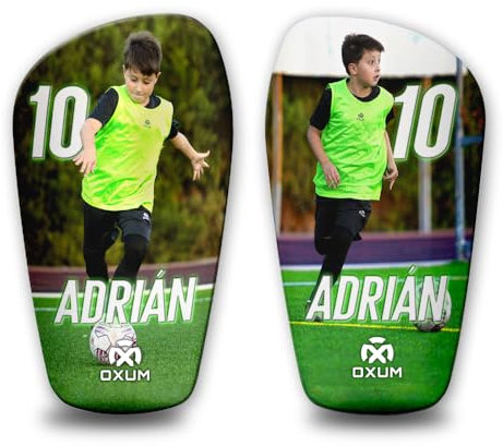 Oxum Sport Schienbeinschoner für Kinder und Erwachsene, personalisierbar, mit Foto, Nummer und Name, Geschenktasche für Schienbeinschoner, Gama One Gilds