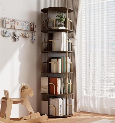Manora Drehbares Bücherregal Braun, Rundes 360° Stehregal aus E1-Holz, 5 Ebenen (156 cm Hoch), Platzsparendes Bücherregal mit Mittelsäule & Anti-Kippschutz für Wohnzimmer, Kinderzimmer und Home-Office