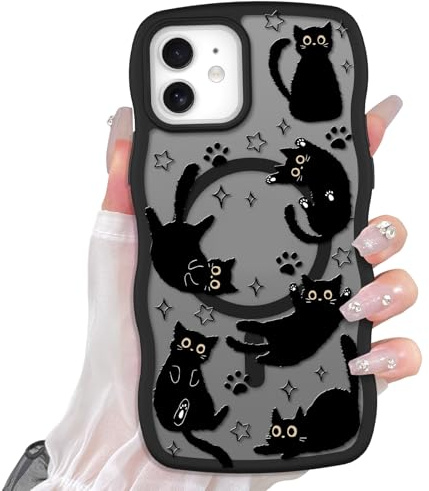 Heaofei Cute Case for iPhone 12 Case [Compatible with MagSafe] with Kawaii Black Cats Cat Print Pattern Design for Women Girls, Soft Wavy Edge Anti-Slip Animal Magnetic Protective Phone Cover