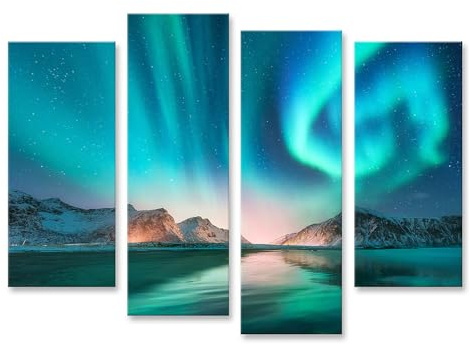 islandburner Leinwandbild Nordlichter Am Eisigen Seeufer - Leinwand 130x80cm - 4 Teile