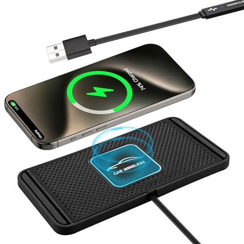 TKSE Kabelloses Autoladegerät, 10W Schnellladepad mit Rutschfester Silikonmatte für iPhone & Qi-fähige Handys, USB-Kabel & Halterung - für Armaturenbrett oder Büro (Micro USB 30CM)
