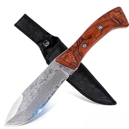 GER-SABER Couteau Outdoor 23cm – Lame Reverse Tanto avec Motif Damas, Garde et Poignée en Bois de Palissandre Tigré, Construction Monobloc Robuste, Compagnon Élégant pour la Nature