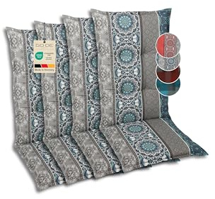 GO-DE Textil Bequeme und attraktive Polsterauflagen für Mittellehner-Gartenstühle (4er-Set, Ornamentstreifen blau, Mittellehner)