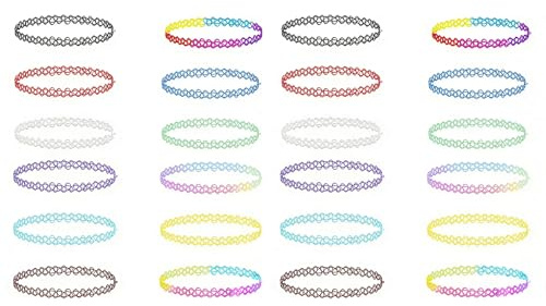 24-teiliges Angelschnur-Halskette Set, geeignet für Mädchen, elastische Choker, Accessoires im Stil der 90er Jahre, bunte Regenbogenhalsketten, Retro-Gothic-Schmuck, für Partysdehnbarem Kunststoff.