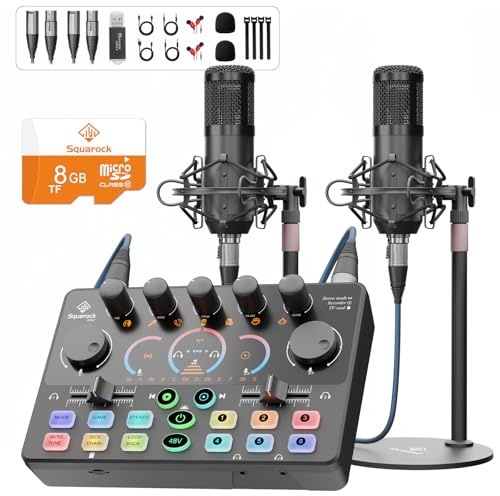 Podcast-Ausrüstungspaket für 2, Audio-Schnittstelle mit 8 GB Speicherkarte und XLR-Kondensatormikrofonen, Stereo, Denoise, RGB, integrierter Recorder, 48 V Phantom für Streaming, Podcast-Aufnahme