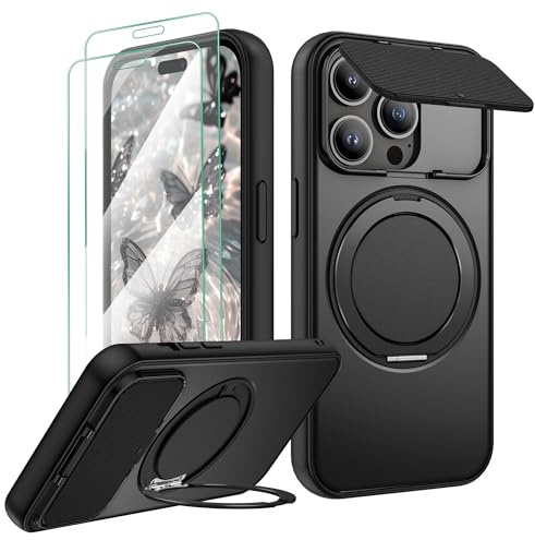 Gritup for iPhone 14 Pro Case: 14-Pro-Phone-Case with 2PCS Screen Protector [Full Camera Protection] & Magnetic Stand [Military-Grade] Shockproof Slim Thin Cover for iPhone 14 Pro -Black