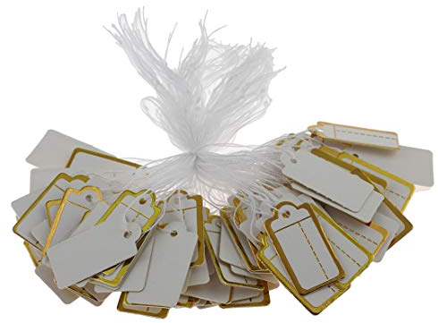 Perlin Etiketten mit Faden Preisetiketten Preisschilder Faden Etiketten Schmucketiketten Fadenetikett Hängeetiketten Kartonetikett Preisauszeichnung 300 Stück (23 x 13 mm Weiss Gold)
