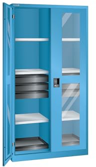 Lista | Sichtfensterschrank | HxBxT 1950 x 1000 x 580 mm | mit 8 Fachböden | 6 Schubladen | lichtblau
