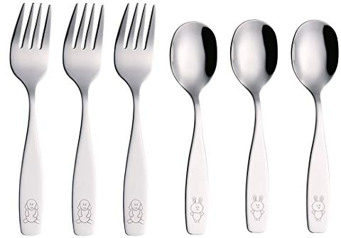 EXZACT Couverts enfant en inox 6 Pièces: 3 x Fourchettes, 3 x Cuillères (Chien & Lapin x 6)