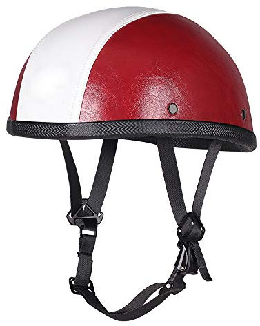 Mangen Demi-Casque en Cuir Moto Casque Ouvert Casque Vintage Motard Cruiser Scooter Touring (Rouge Blanc)