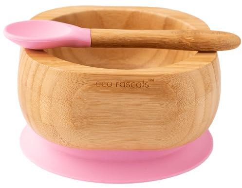 eco Rascals Bamboo Baby Suction Bowl with Matching Spoon Set - Outstanding Stay Put Silicone Suction for Baby Led Weaning, Baby & Toddler Suction Bowls from 6 Months (Pink)