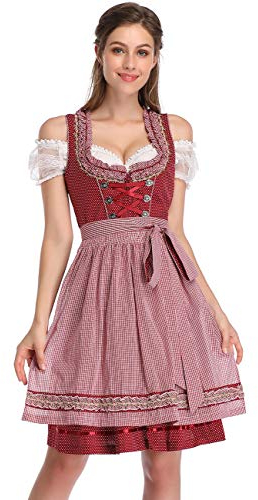 KOJOOIN Abito Donna Dirndl Bavaria Oktoberfest Set 3 Pezzi Camicia e Grembiule Dirndl Manica Corta Grembiule Bavarese Oktoberfest Cameriera Abiti da Festa Punto Rosso Vino M