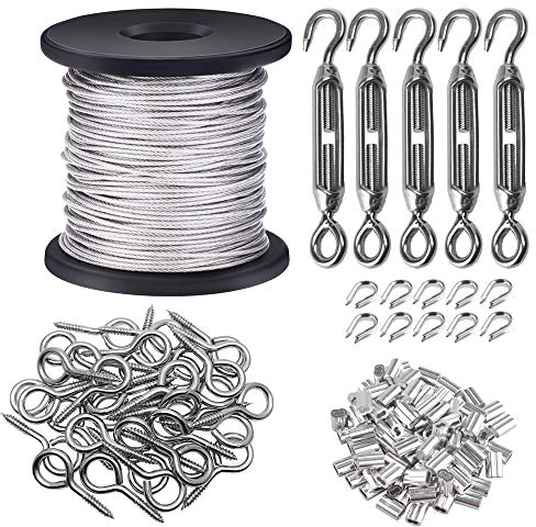 TooTaci 100M Stainless Steel Wire Rope, 1.5mm Steel Metal Wire Cable, 7×7 Strands, M4 Turnbukle Hook, Vine Eye Hook,M2 Crimping Sleeves, for Climbing Plants, Light Hanging, Picture Wire