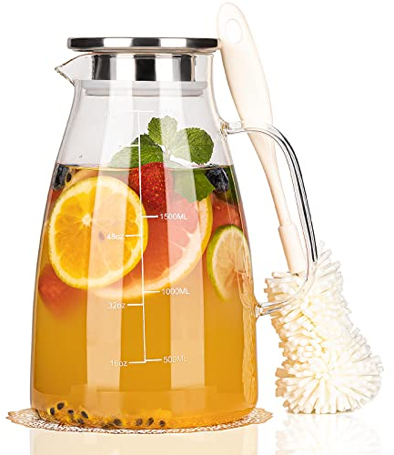 CNNIK Wasserkaraffe Glaskaraffe Karaffe Glas mit Deckel 2 Liter Wasserflasche Glas Wasserkaraffe mit Deckel Wasserkrug Glaskanne mit Griff für Heißes Kaltes Wasser Getränke Eistee Milch Kaffee Wein