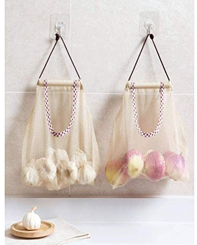 Yunobi Hängende Netz-Aufbewahrungstaschen, platzsparend, Organizer, Obstaufbewahrung, Küche, Badezimmer, Netz-Wandhalterung, Hängetasche, 2 Stück, beige