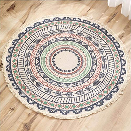 Lanqinglv Runder Teppich 150cm Böhmisch Handgemachte Weben Teppiche Baumwolle Leinen Indien Mandala Muster Bunt Rund Teppich mit Quaste für Schlafzimmer Wohnzimmer Hausdekor