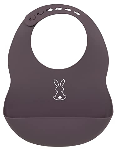 Nattou Bavaglino in silicone con vaschetta di raccolta, coniglietto, misura regolabile, senza BPA, ca. 20 x 27 cm, silicone, grigio