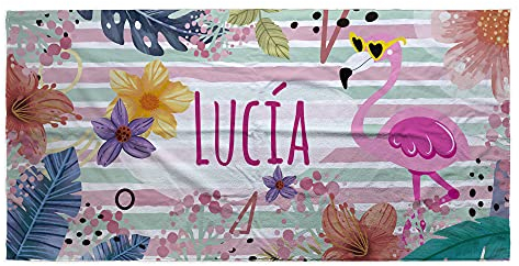 LolaPix Strandtuch Flamingo. Personalisiert Strandtuch. Strand Badetuch mit Namen. Personalisierte Handtuch. Personalisierte Geschenke. Verschiedene Designs und Größen. Flamingo