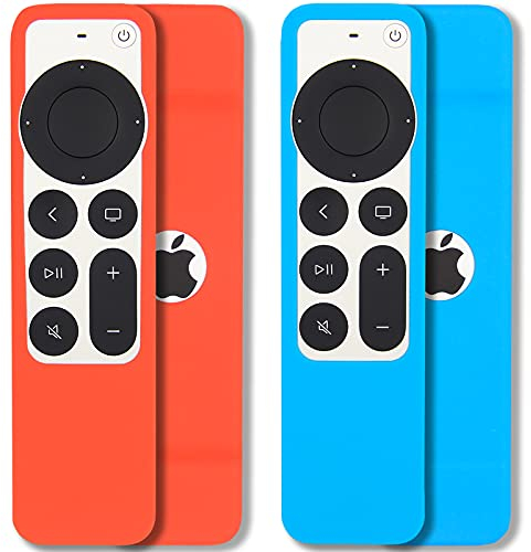 Pinowu Schutzhülle für Fernbedienung, kompatibel mit 2021 Apple TV Siri Remote (2. Generation), inklusive Umhängeband, rutschfest, stoßdämpfend, Himmelblau und Rot, 2 Stück