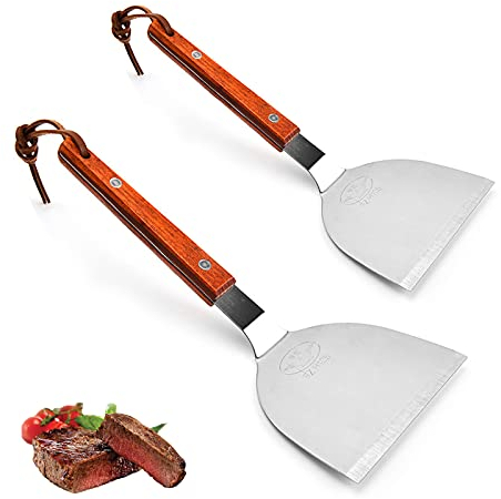 2 Stück Spachtel Edelstahl Pfannenwender Klein Grillwender aus Edelstahl Spachtel Werkzeug Spatel mit Holzgriff Pfannenwender Spachtel mit Holzgriffen für Teppanyaki Grills Burger Steak (2 Größe)