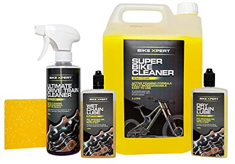 Bike Xpert Ultimate Bike Cleaning Kit (5 Items) | 5 litre Bike Cleaner Ready To Use | 120ml Wet Chain Lube | 120ml Dry Chain Lube | 500ml Drivetrain Cleaner | Chain Cleaner Sponge