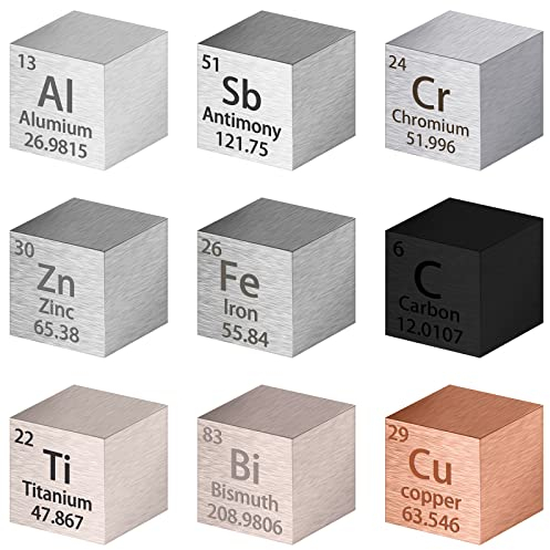 9-teiliges Elementwürfel-Set, 10 mm Dichte, Periodensystem, reines Metall, Würfel, Zink, Kupfer, Bismut, Aluminium, Eisen, Carbon, Titan, für Elementsammlungen, Material-Hobbys