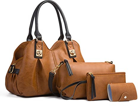 FANDARE Retro Damen-Henkeltaschen Weich-Leder Umhängetaschen Wasserdicht Handtasche 4-teiliges Set Schultertaschen für Reisen Einkaufen Arbeiten Verabreden Verwendet Braun