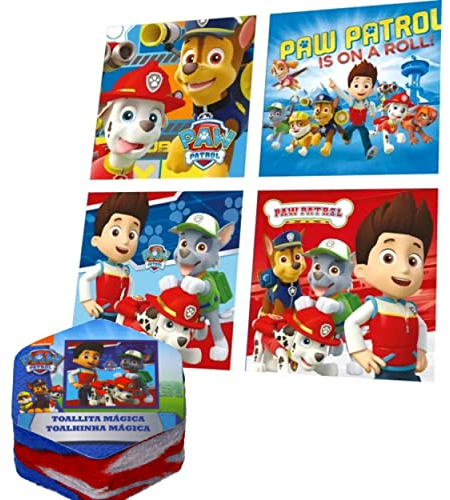 damaloo 4er Handtuch Set passend für Paw Patrol Fans - Mitgebsel Kindergeburtstag Junge - Zauberhandtuch Kinder Gastgeschenke Set Geburtstag - Kinderhandtuch Paw Patrol 30x30cm - Magic Towel Kinder