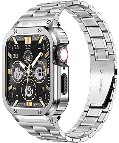 MioHHR Metallbänder mit Gehäuse kompatibel für Apple Watch Armband 45 mm, stoßfestes Edelstahlgehäuse und Ersatzband mit Fall für iWatch Series 9/8/7 für Herren(Silber