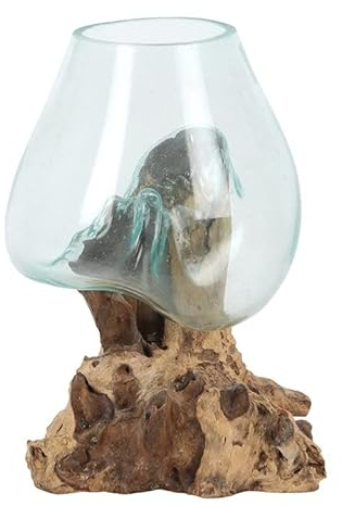 Elegant Molten Transparent Glass Bowl on Root Wood Stand - 28cm x 20cm (1 Pc.) - Unique Decorative Piece or Plant Terrarium/Fishbowl - Perfect for Home & Garden Decor