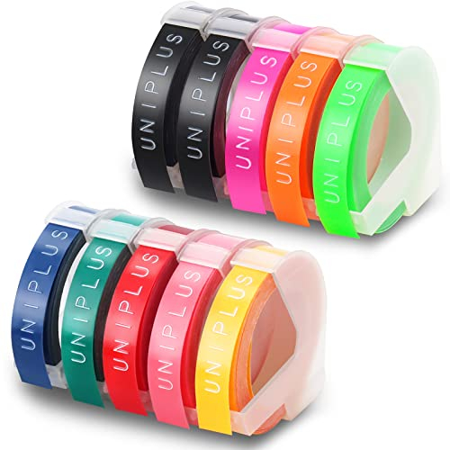 UniPlus Kompatibles für Dymo Prägeband Ersatz für Omega Tapes S0717930 S0717900 9 mm x 3 m Selbstklebendes 3D-Etikettenband für Dymo Omega Junior Motex E-101 E-303 Etikettendrucker, 10 Stück