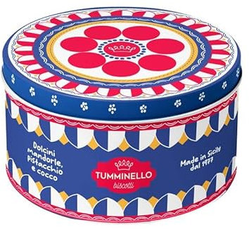 Lata Tifeo con Galletas surtidas: Ricci de Almendras, Ricci con Pistacho y Pralinas de Coco 120 gr