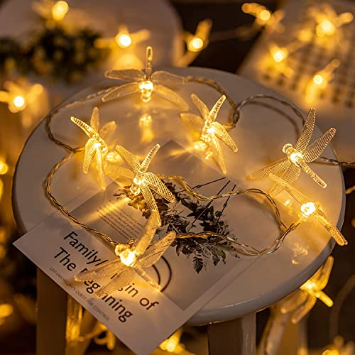 KINGCOO LibellenLichterkette, 3 m, 20 LEDs, warmweiß, Libelle, Kupferdraht, dekorative Lichterkette, batteriebetrieben, für Schlafzimmer, Sommer, Garten, Landschaft, Hochzeit, Party,