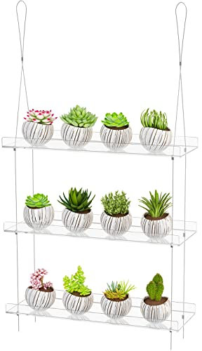 3-Tier Acrylic Hanging Plant Shelves - Height Adjustable Clear Acrylic Shelves for Windows - Perfect for Indoor Gardens, Kitchen Window Displays of Flowers, Succulent Plants, and Seedling Growth