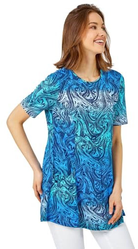 Roman Originals Swing Top with Pockets for Women UK Ladies Hanky Hem Asymmetric Tunic Blouse Longline Long Stretch Jersey Casual Round NeckTee Shirt T-Shirt - Blue Multicolour - Size 10